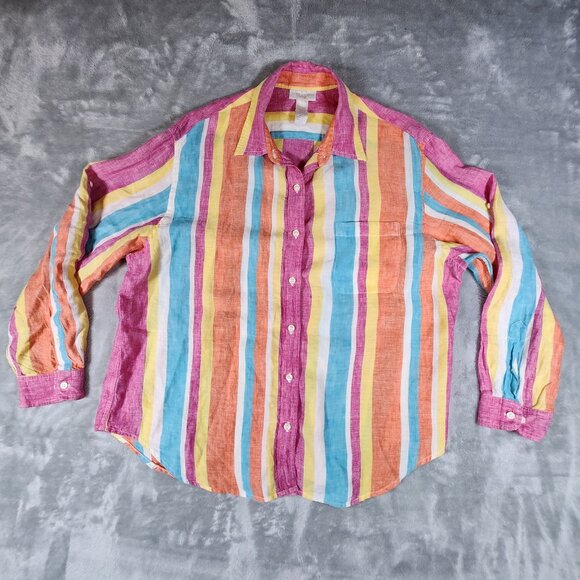 Jones New York Sport Linen Shirt XL Striped Button-Up Multicolor Roll Tab Airy - Picture 1 of 9